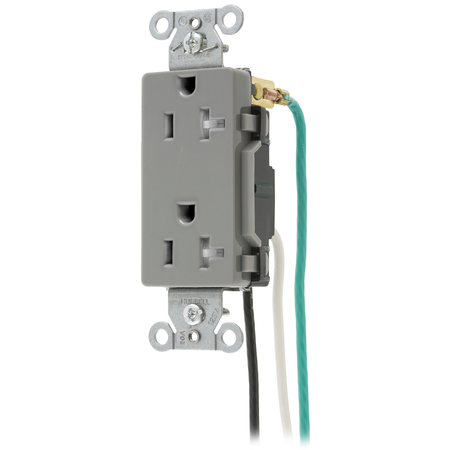 HUBBELL WIRING DEVICE-KELLEMS Straight Blade Devices, Receptacles, Tamper-Resistant Duplex, Decorator/Commercial/Industrial Grade, 20A 125V, 5-20R, Pre-Wired 8" Stranded. DR20GRYTRP2